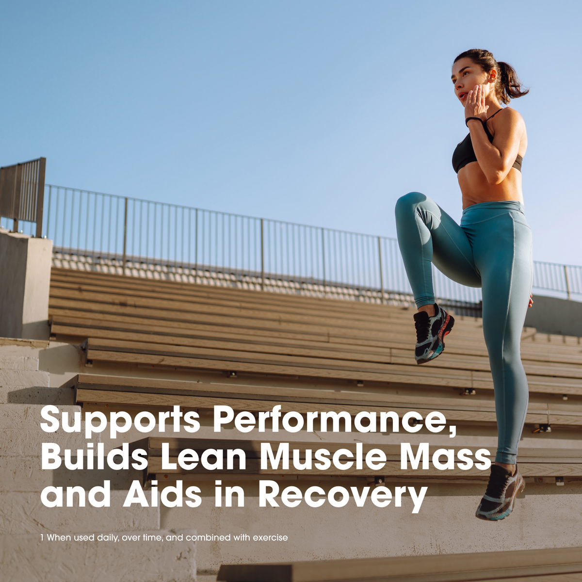Woman exercising on steps with text about performance, muscle mass, and recovery.