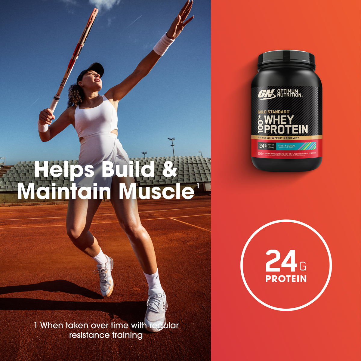 Woman playing tennis on a court with a supplement container labeled 'Optimum Nutrition' on an orange background.