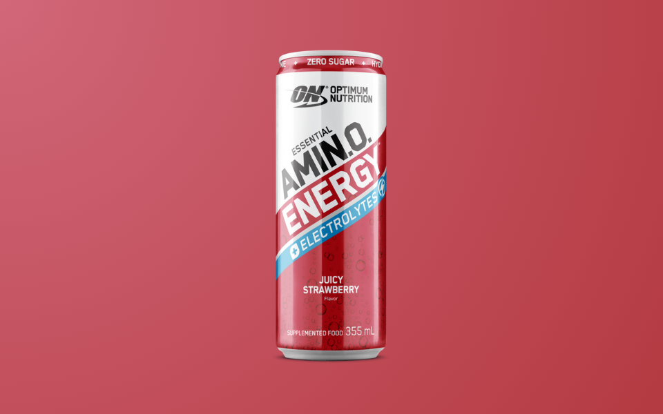 Optimum Nutrition Essential Amino Energy drink, Juicy Strawberry flavor, 355 ml can