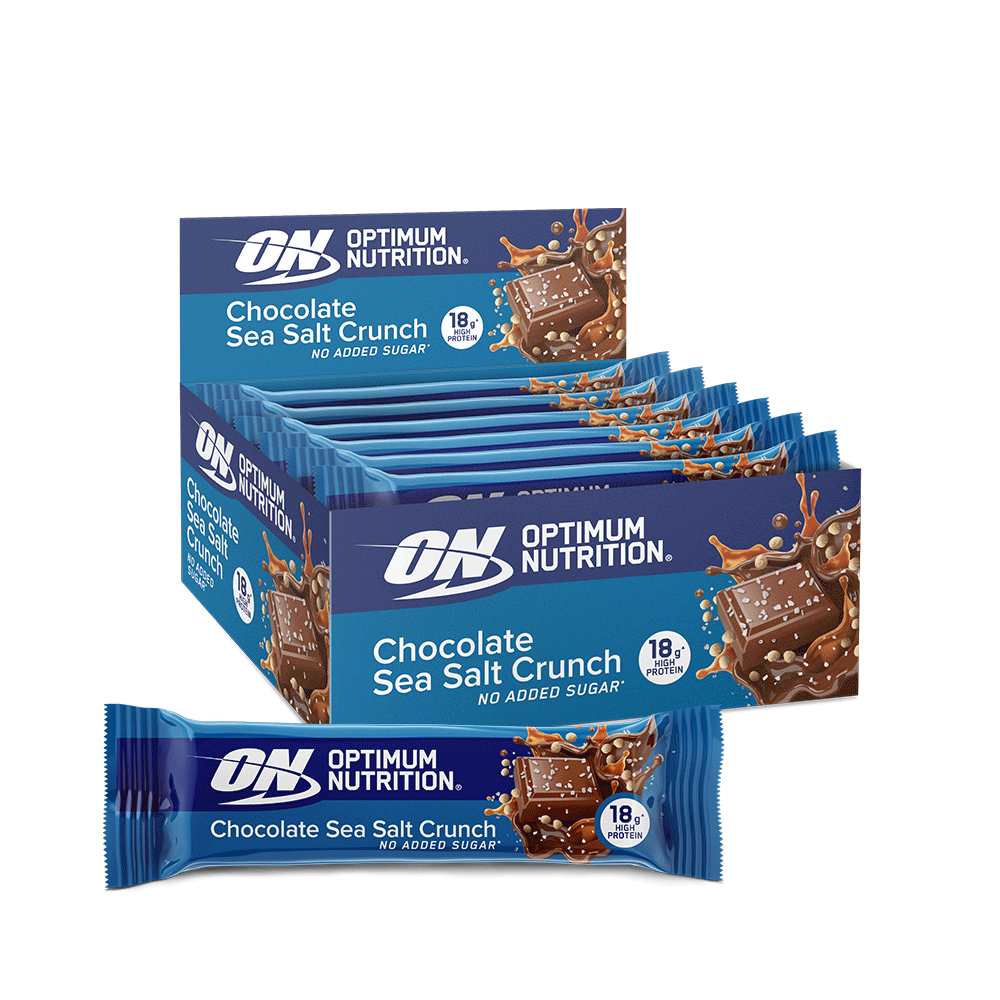 Optimum Nutrition Chocolate Sea Salt Crunch protein bars, 18g protein per bar, box of multiple bars