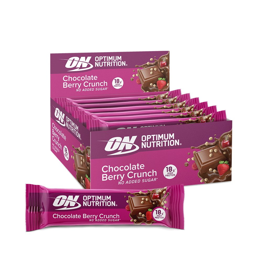 Optimum Nutrition Chocolate Berry Crunch protein bars, box of 12, each bar with 18g protein
