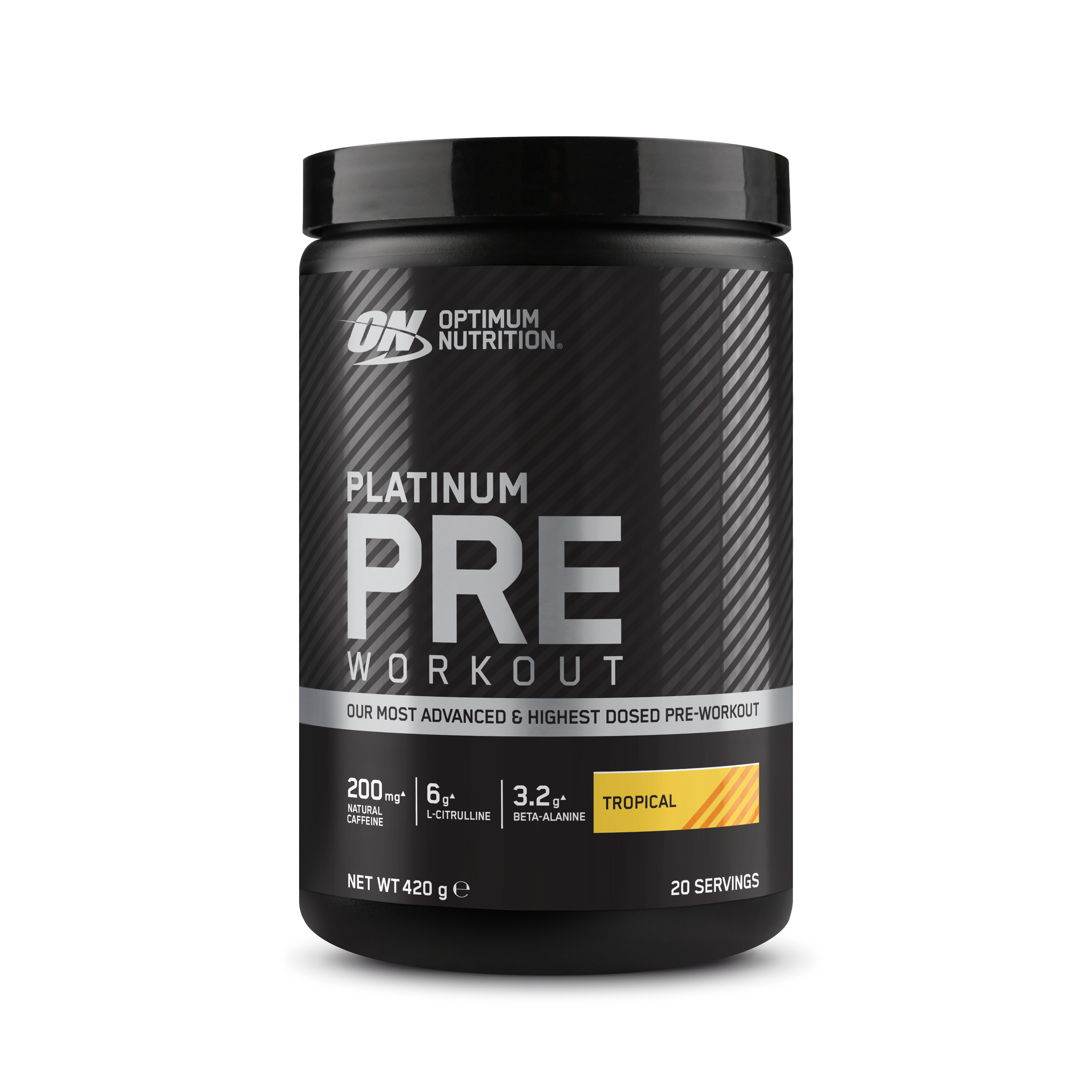 Optimum Nutrition Platinum Pre-Workout supplement, 420g container, tropical flavor, 20 servings