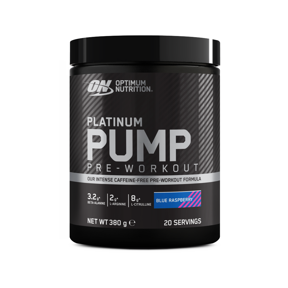 Optimum Nutrition Platinum Pump Pre-Workout, 380g container, blue raspberry flavor, 20 servings