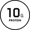 A circular black graphic with a white border and the text '10G PROTEIN' in black, indicating a protein content claim.