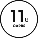 A circular black-and-white graphic with the text '11G CARBS' centered inside the circle.