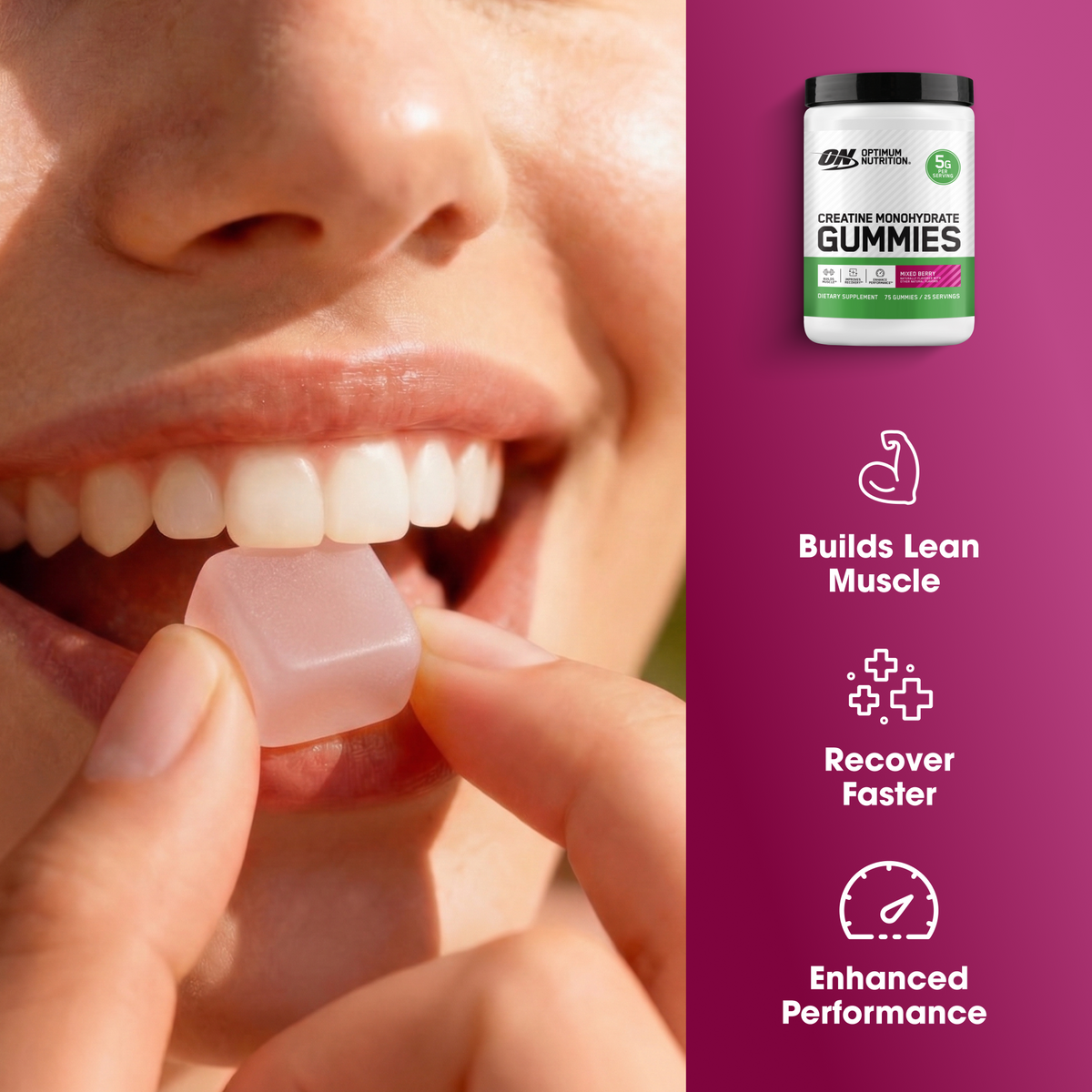 A close-up of a person holding a translucent gummy near their mouth, with a product jar labeled Optimum Nutrition Gummies shown on a magenta panel alongside benefit text: Builds Lean Muscle, Recover Faster, and Enhanced Performance.