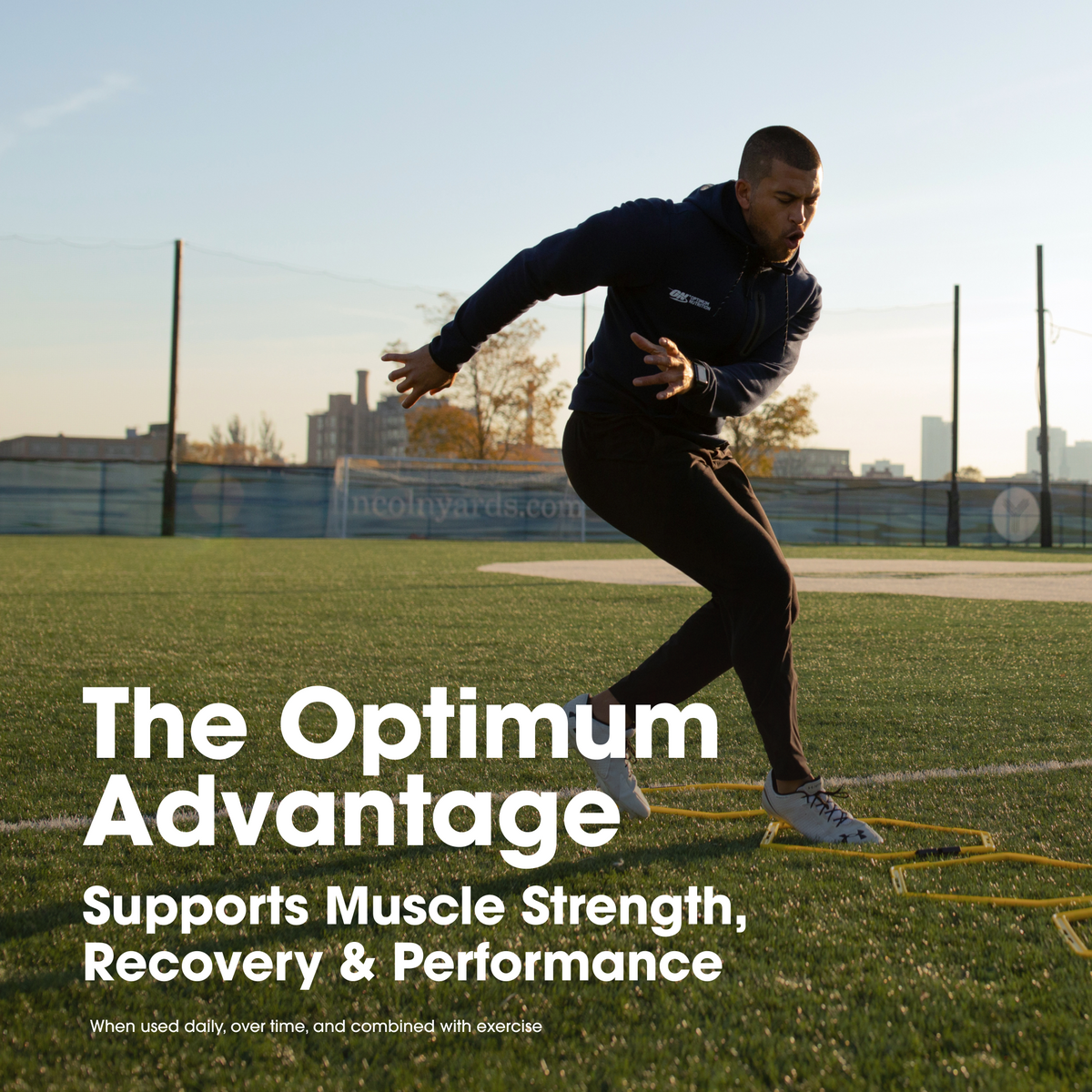 Person running on a sports field with 'The Optimum Advantage' text overlay