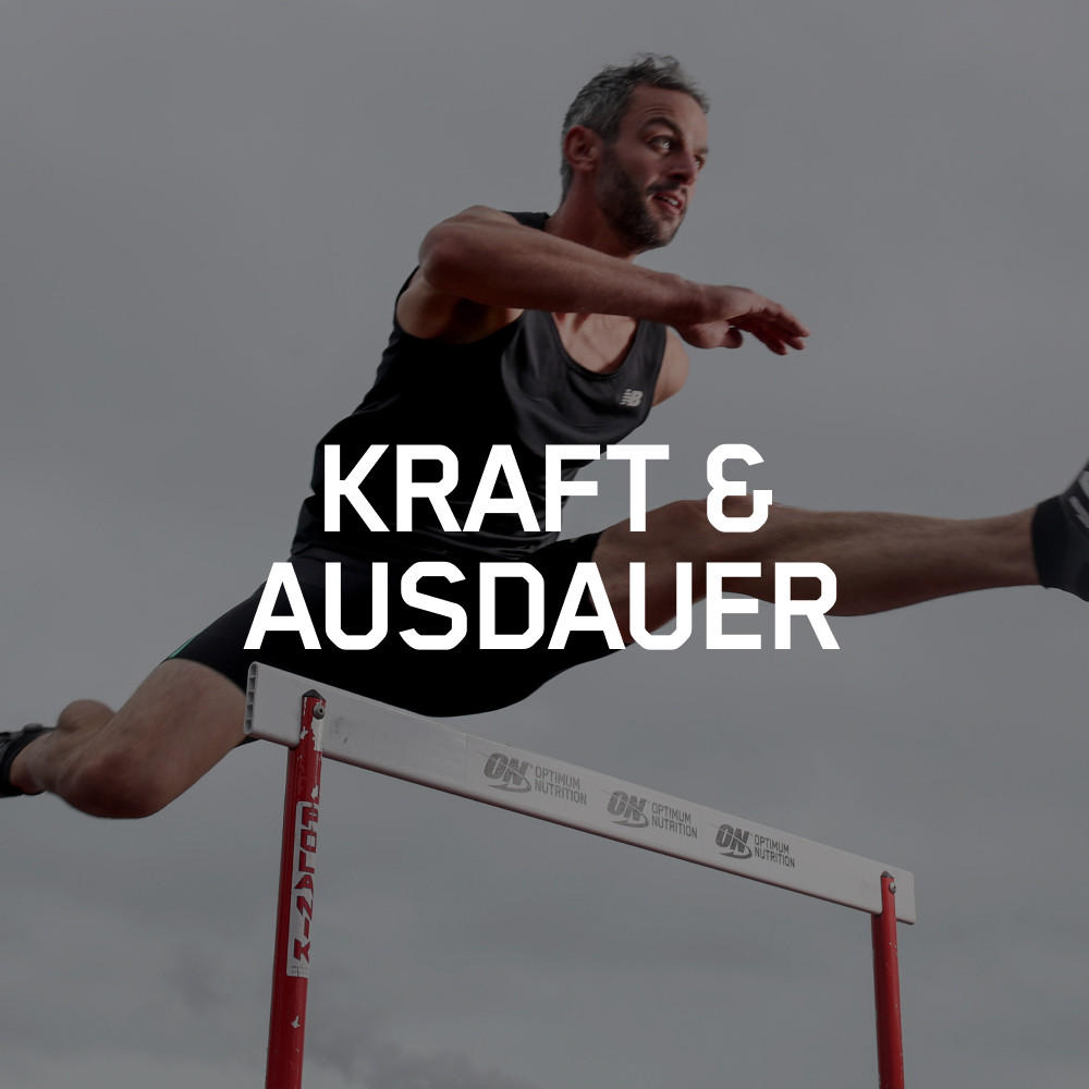 Man jumping over hurdle with "Kraft & Ausdauer" text; Optimum Nutrition branding visible on the hurdle
