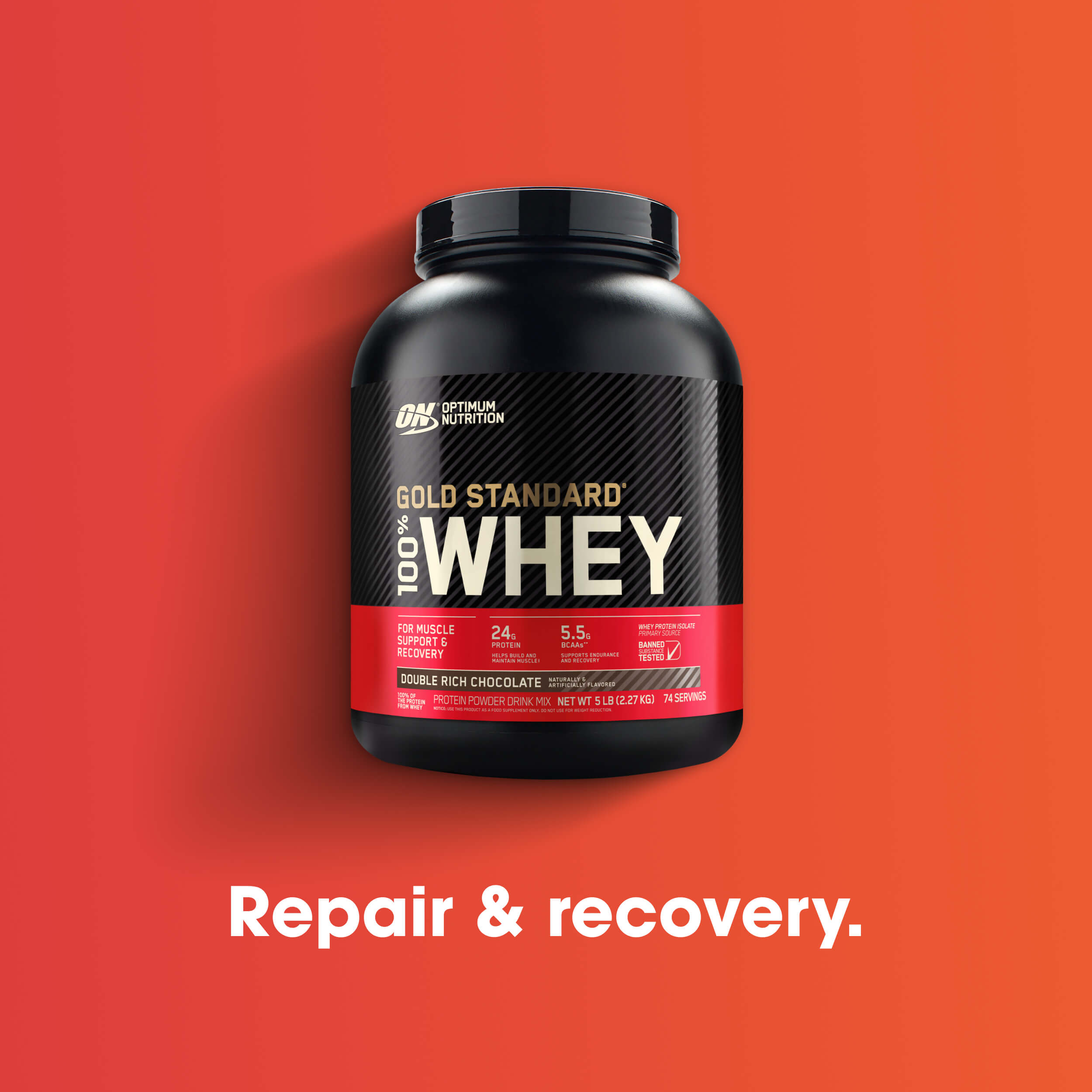 Gold Standard 100% Whey protein powder, 5 lb container, Double Rich Chocolate flavor, by Optimum Nutrition