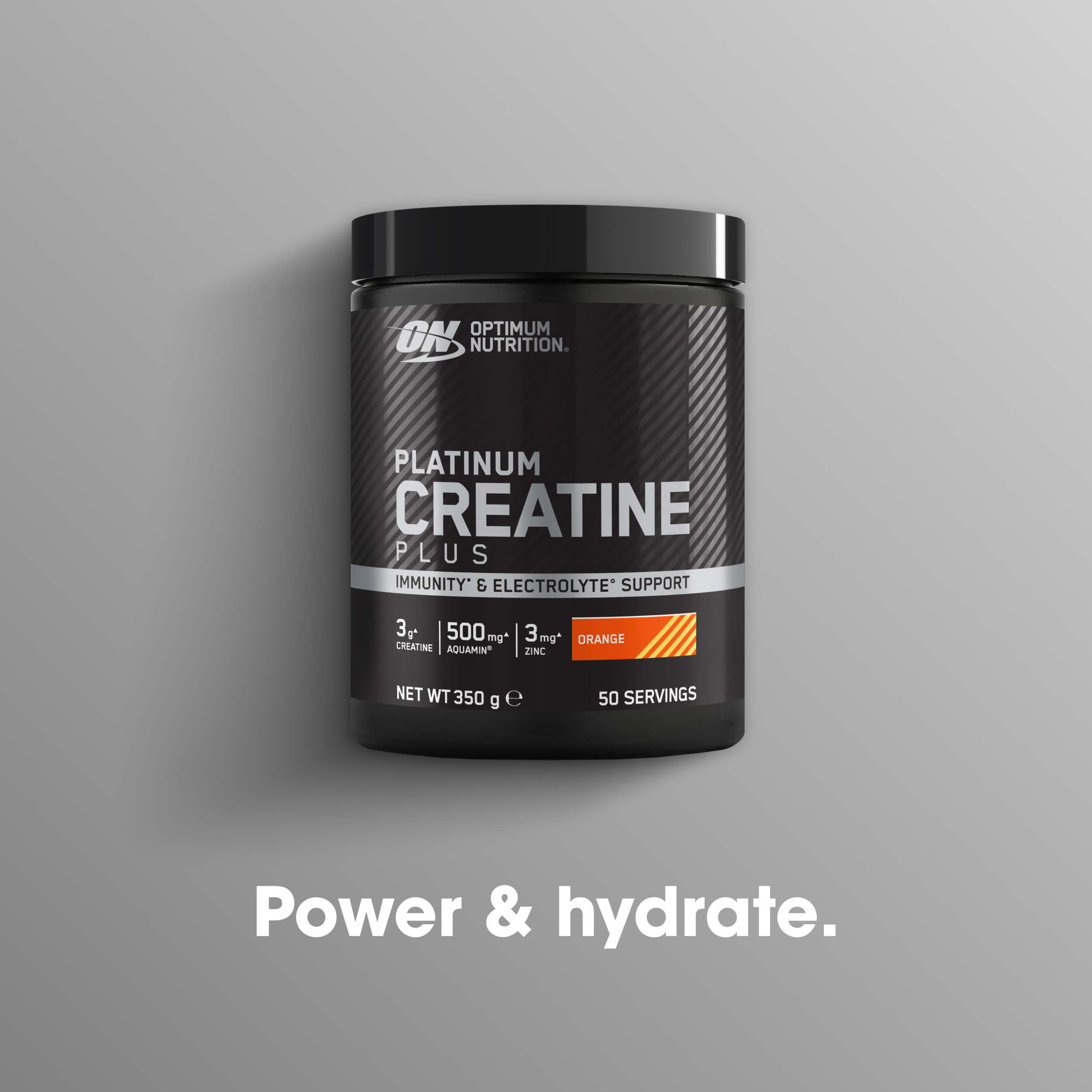 Optimum Nutrition Platinum Creatine Plus, 350g container, 50 servings, orange flavor, for immunity and electrolyte support