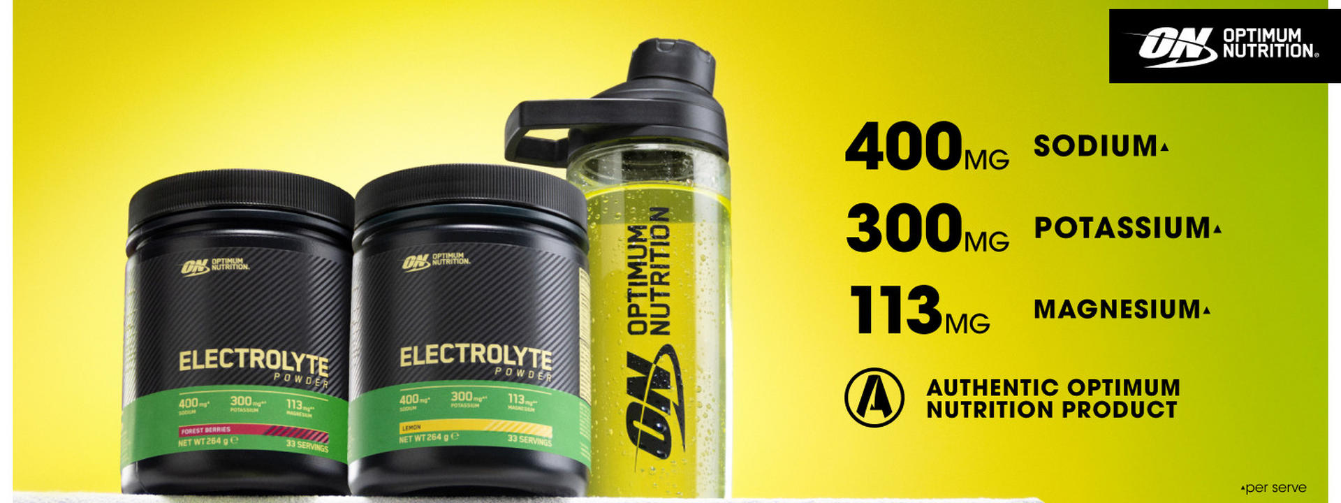 Optimum Nutrition Electrolyte Powder containers and shaker bottle, highlighting sodium, potassium, and magnesium content