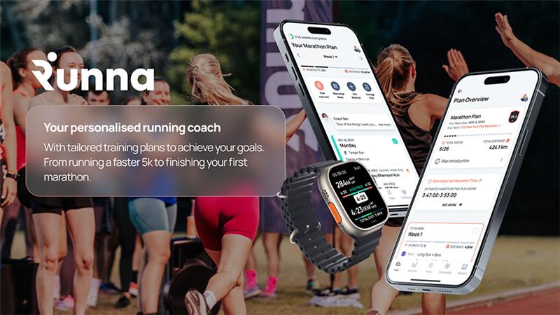 Runna app promotional image featuring a smartwatch and smartphone displaying personalized running coach plans and marathon training data