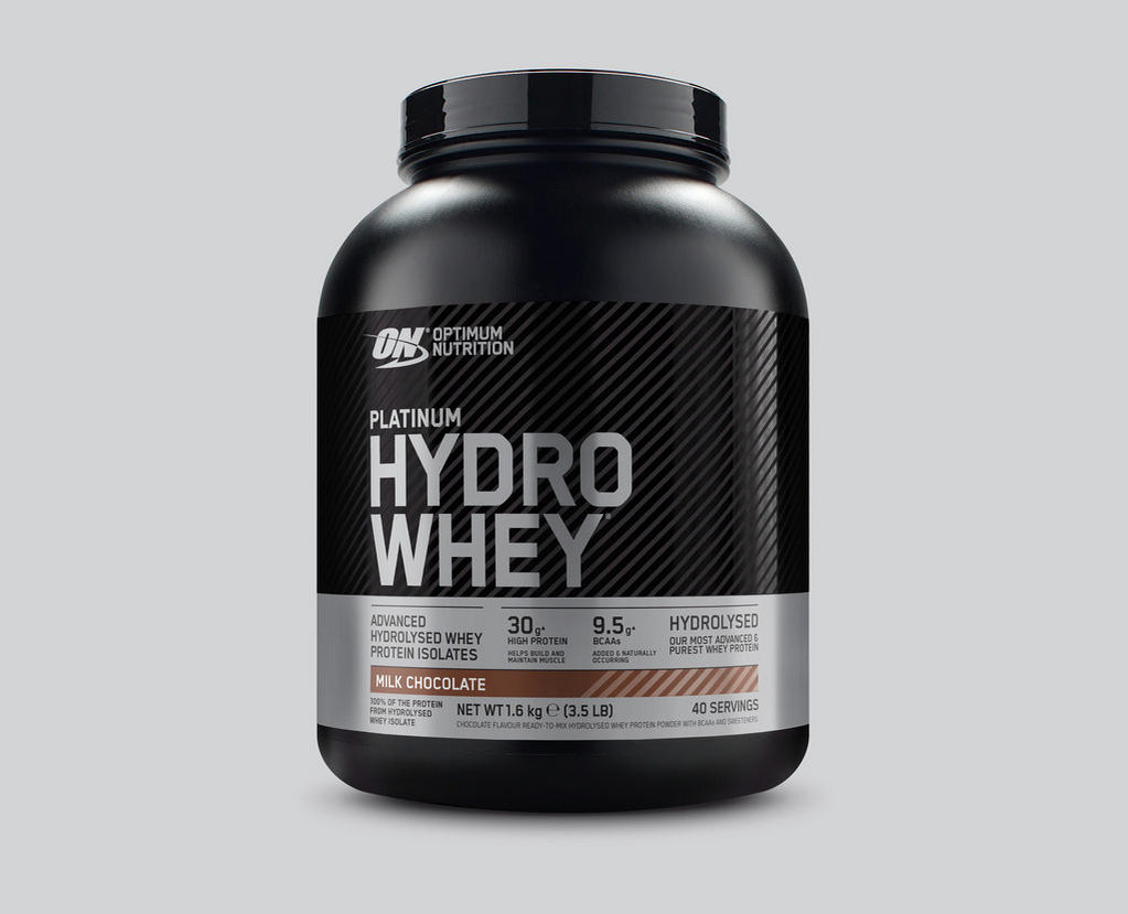 Optimum Nutrition Platinum Hydro Whey, 1.6 kg container, milk chocolate flavor, advanced hydrolyzed whey protein isolate