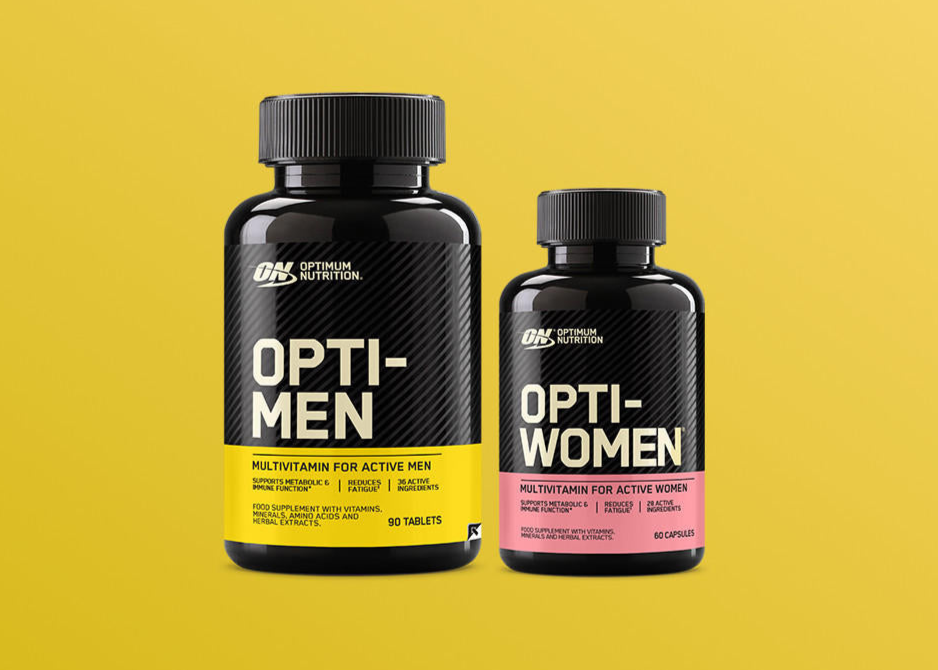 Optimum Nutrition Opti-Men multivitamin, 90 tablets, and Opti-Women multivitamin, 60 capsules, for active individuals
