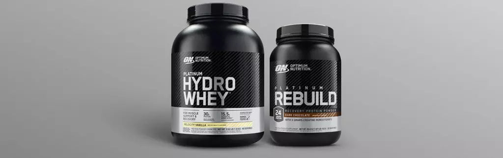 Optimum Nutrition Platinum Hydro Whey and Platinum Rebuild protein supplements, ideal for post-workout nutrition