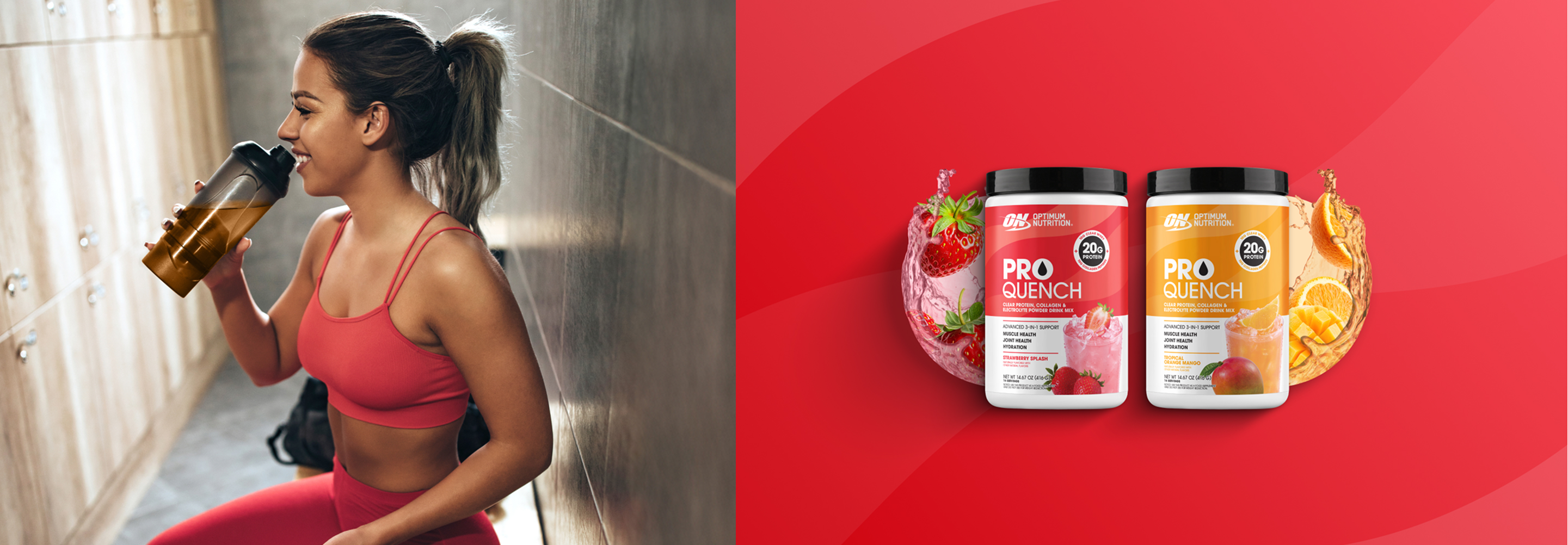 Woman in workout attire drinking from a bottle, Pro Quench on right side