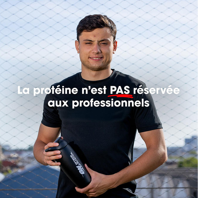 A person holding an Optimum Nutrition shaker bottle, promoting protein supplements for all fitness levels