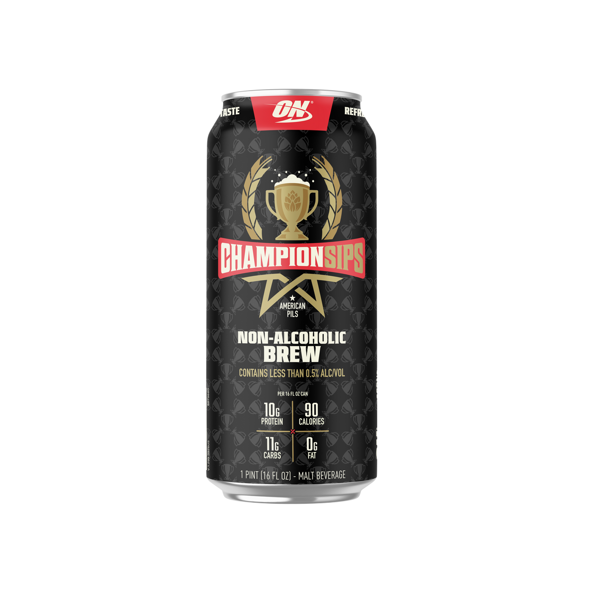 A 16 fl oz aluminum can of ON Champions Non-Alcoholic Brew, featuring a black and dark gray patterned design with a gold trophy graphic and red and white branding.