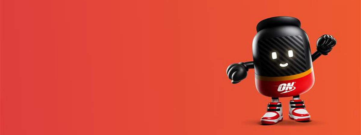 Optimum Nutrition character mascot, resembling an amino energy drink can, with a cheerful expression