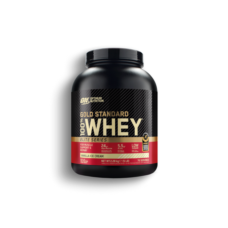 Optimum Nutrition Gold Standard 100% Whey protein powder, 2.28 kg container, vanilla ice cream flavor