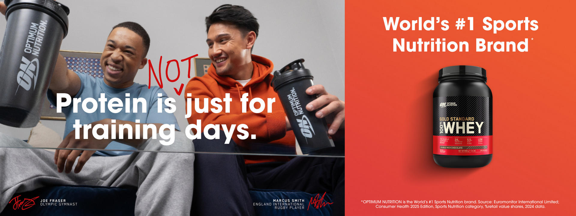 Optimum Nutrition Gold Standard Whey protein powder container alongside two people holding Optimum Nutrition shaker bottles