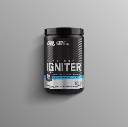 Optimum Nutrition Platinum Igniter pre-workout supplement, 300g container, blue raspberry flavor
