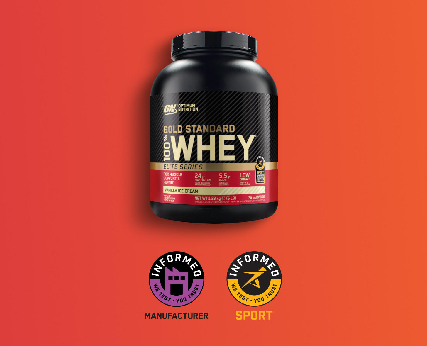 Optimum Nutrition Gold Standard 100% Whey protein powder, 2.24kg container, vanilla ice cream flavor