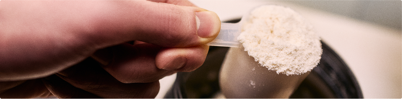 Scoop of protein powder being measured from a container, suitable for muscle recovery or weight gain