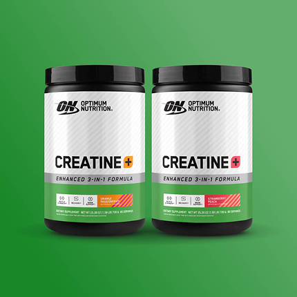 Optimum Nutrition Creatine+ enhanced 3-in-1 formula, featuring orange and strawberry peach flavors, two containers