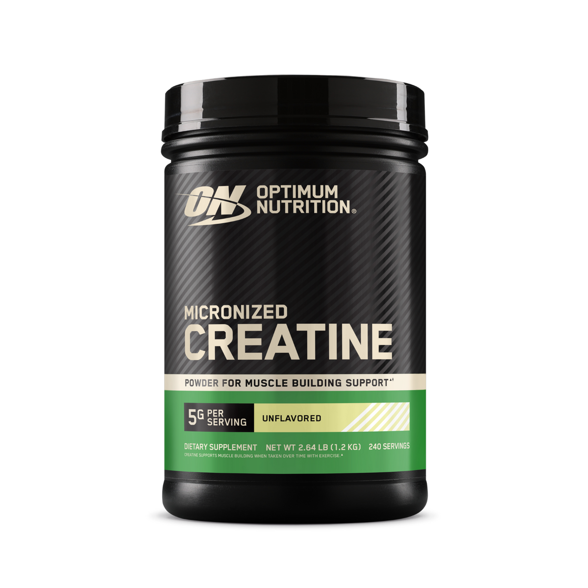 A black plastic tub of Optimum Nutrition Micronized Creatine powder, unflavored, on a clean white background.