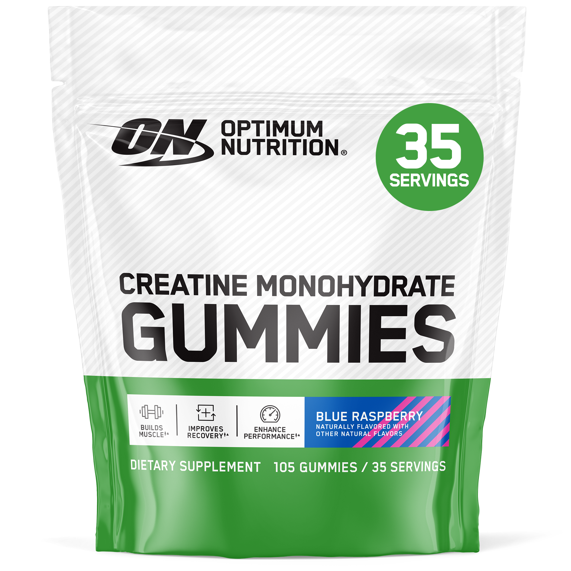 Optimum Nutrition Creatine Monohydrate Gummies packaging with blue raspberry flavor on a white background