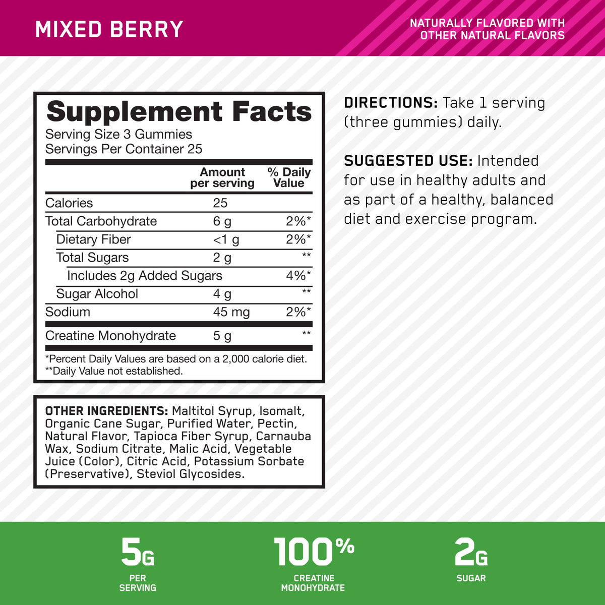 A supplement facts label for Mixed Berry gummies, showing serving size 3 gummies, calories, daily value breakdown, and other ingredients. The label includes a pink header reading 'MIXED BERRY' and a green footer with usage and serving information.