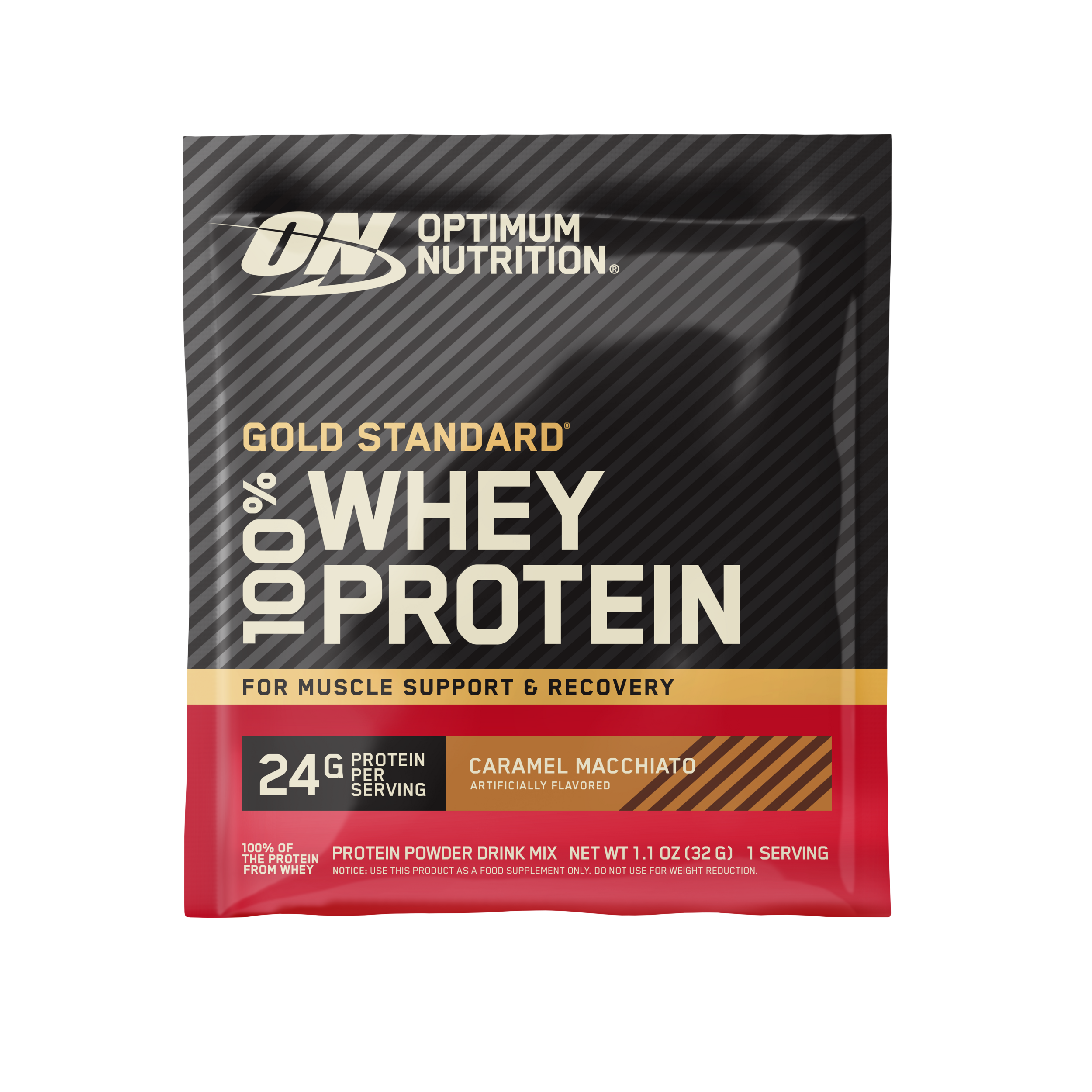 Optimum Nutrition Gold Standard 100%, 1 Packet Serving, Carmel Macchiato flavor, whey protein powder
