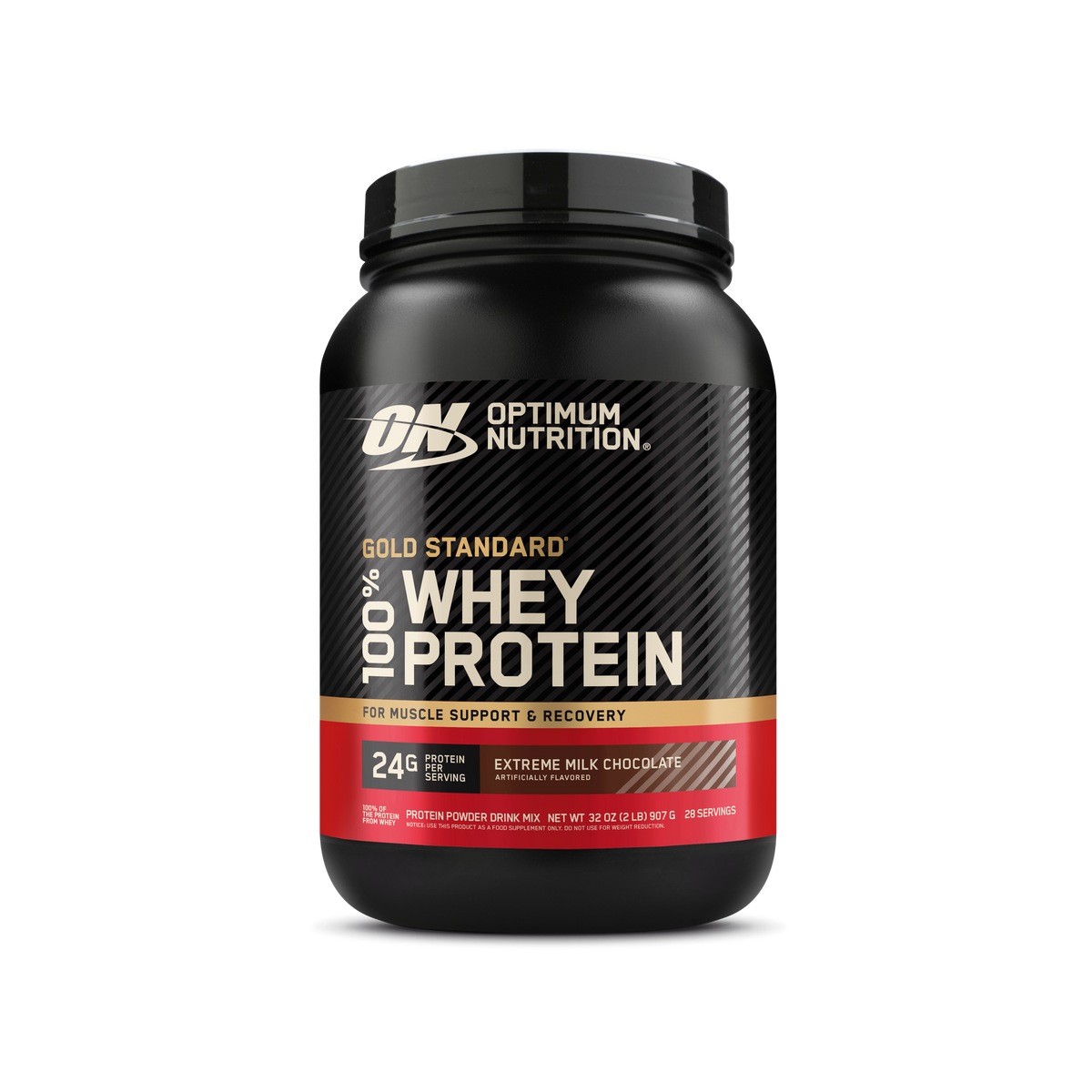 Optimum Nutrition Gold Standard 100% Whey Protein powder tub in Extreme Milk Chocolate flavor, 3 lb container on a white background.
