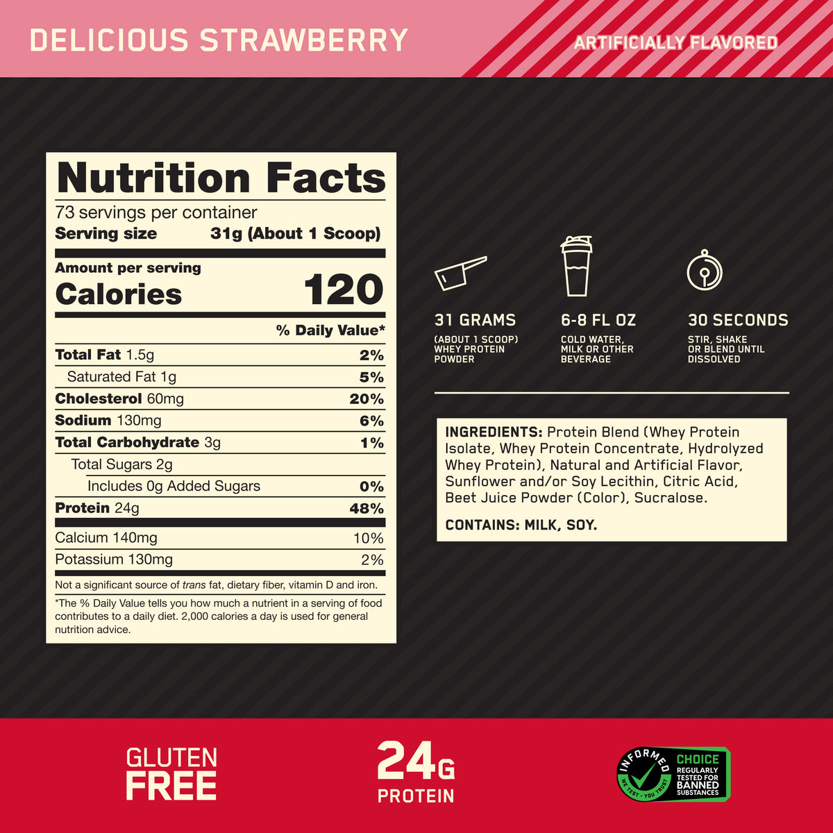 Front nutrition facts label and flavor callout for a strawberry protein powder package. The label shows serving size, calories, nutrients, ingredients, and claims including gluten free, 24g protein, 31 grams, 6-8 fl oz, and 30 seconds.