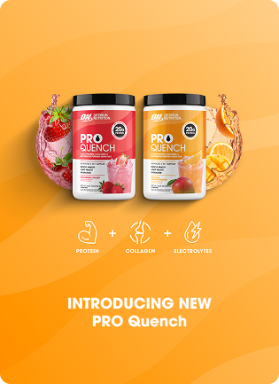 Two containers of Pro Quench supplement on an orange background with product details.