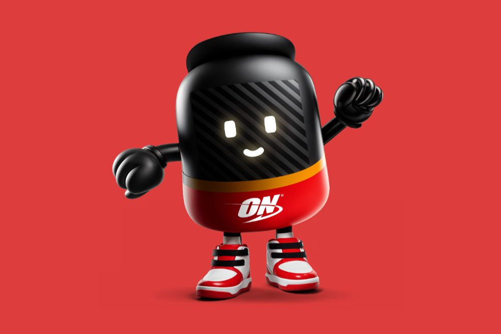 ON supplement mascot character with a smiling face, wearing shoes and gloves, representing the brand