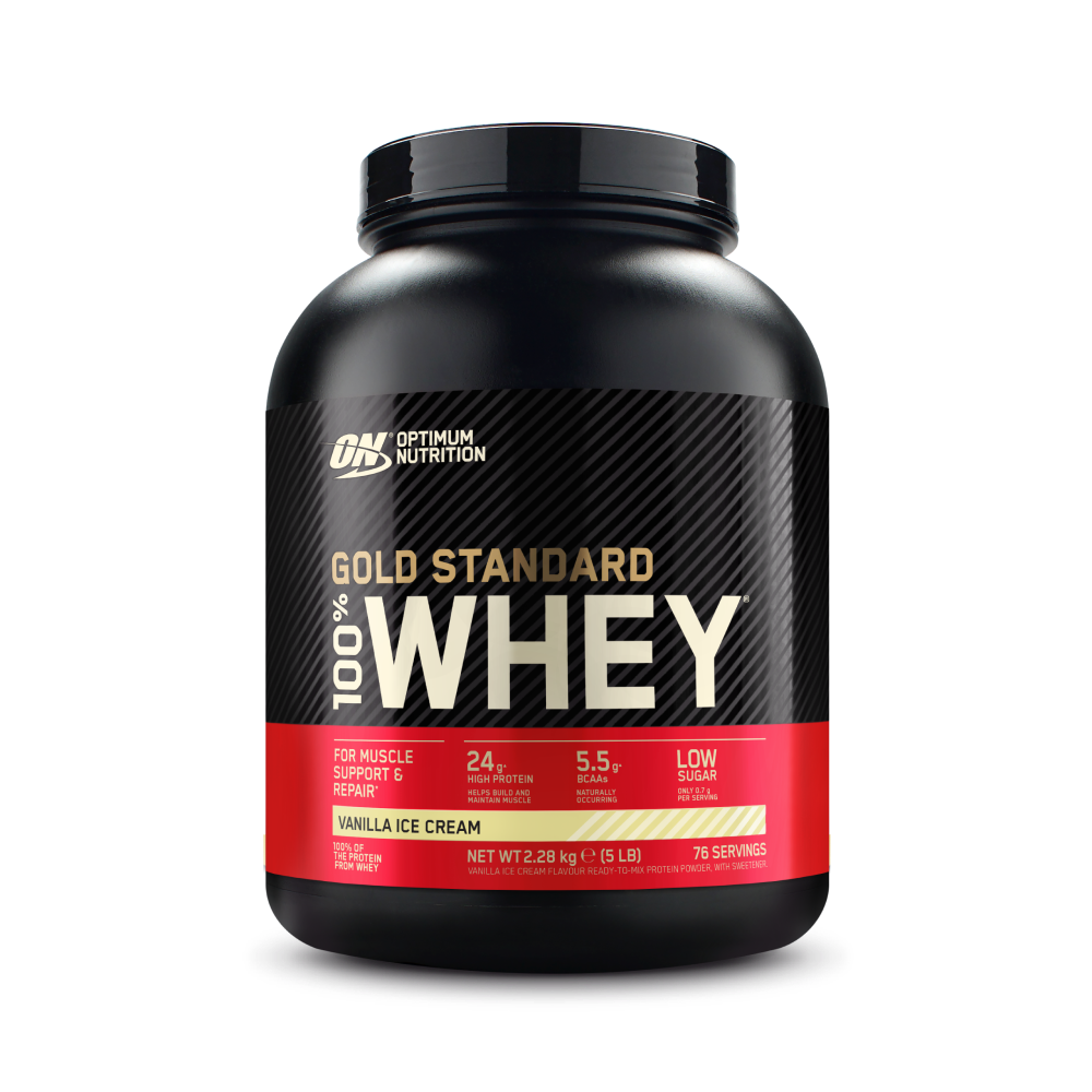 Optimum Nutrition Gold Standard 100% Whey protein powder, 2.28 kg (5 lb) container, vanilla ice cream flavor