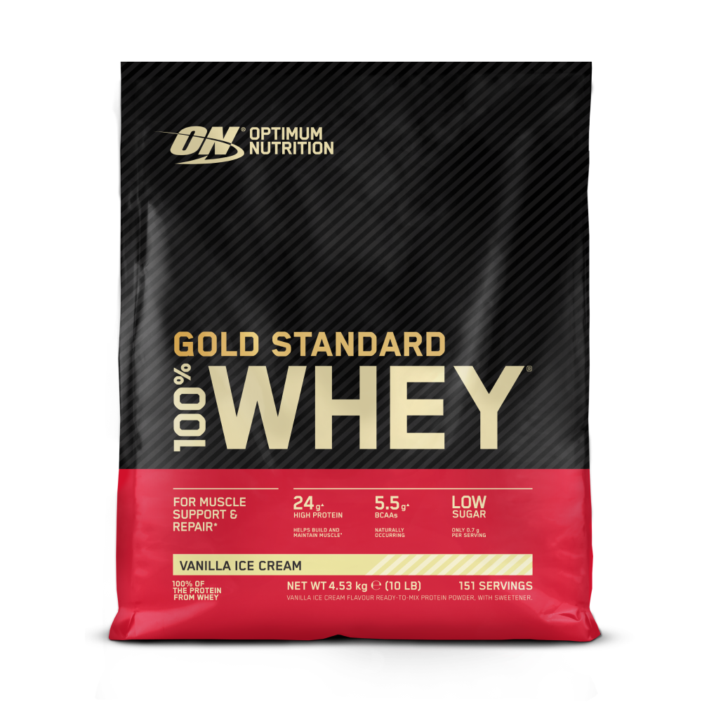 Optimum Nutrition Gold Standard 100% Whey Protein, 4.53 kg, Vanilla Ice Cream flavor, supports muscle repair