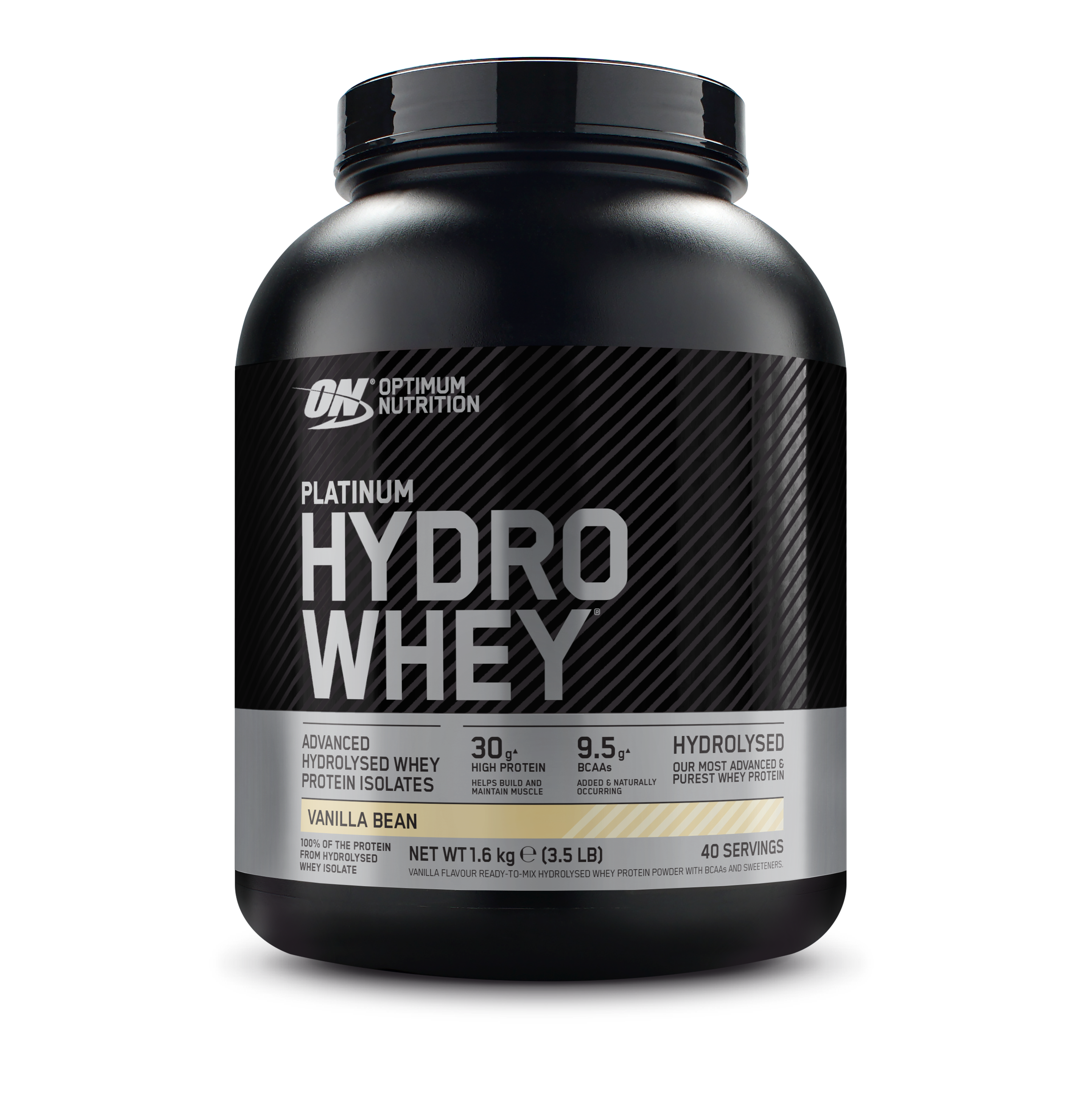 Optimum Nutrition Platinum Hydro Whey protein powder, 1.6 kg, vanilla bean flavor, 40 servings