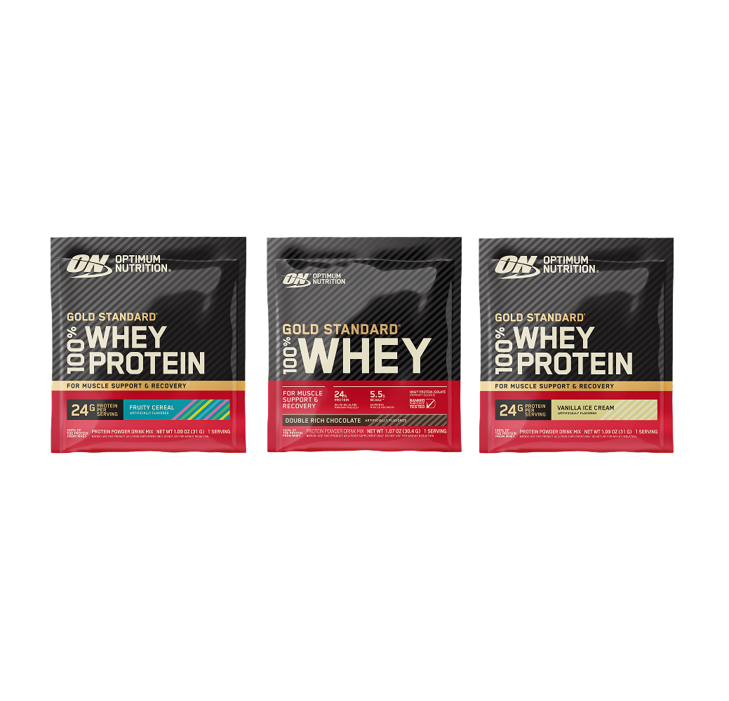 Three packages of Optimum Nutrition Gold Standard 100% Whey Protein on a white background.