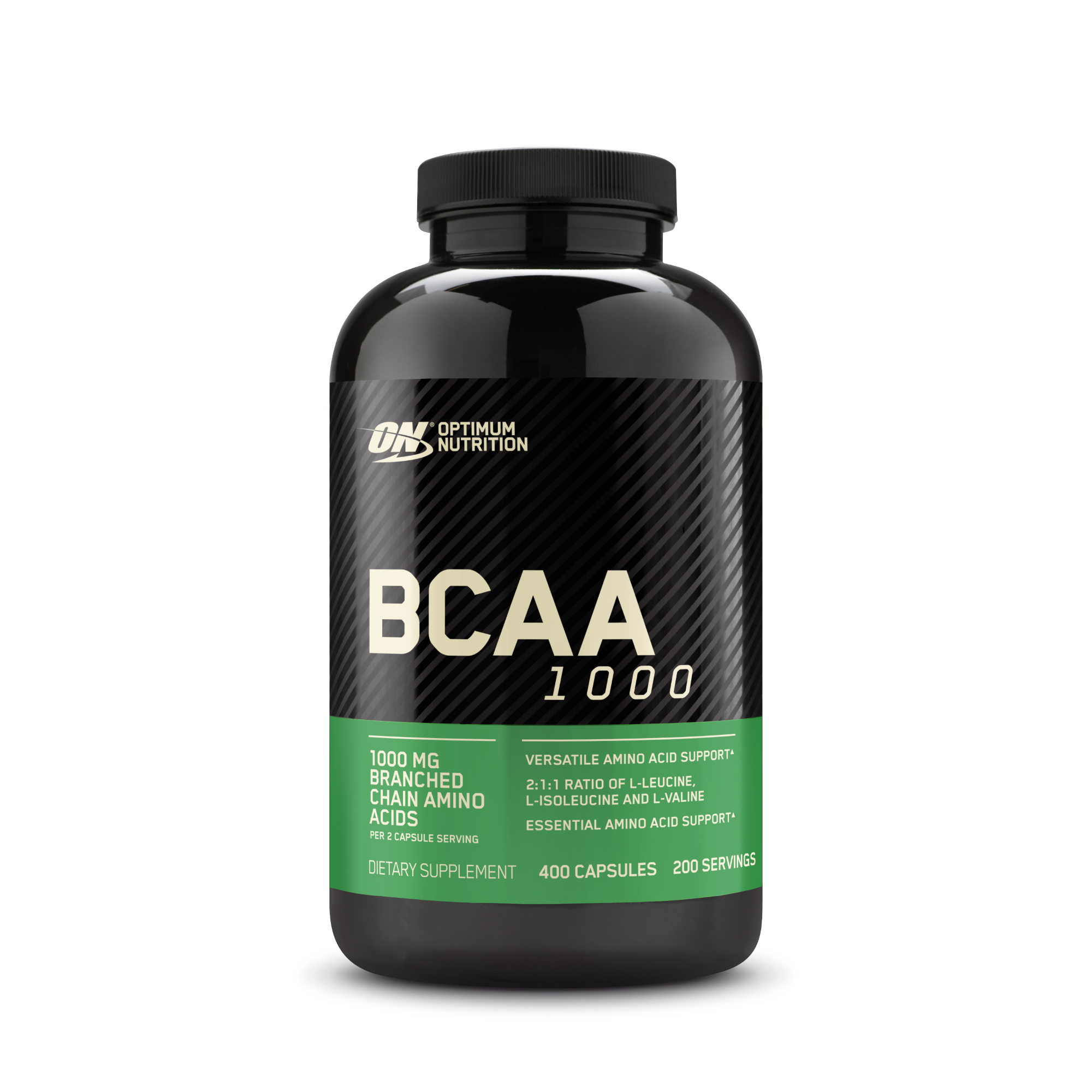 Optimum Nutrition BCAA 1000 supplement bottle, 400 capsules, supports muscle recovery and amino acid intake