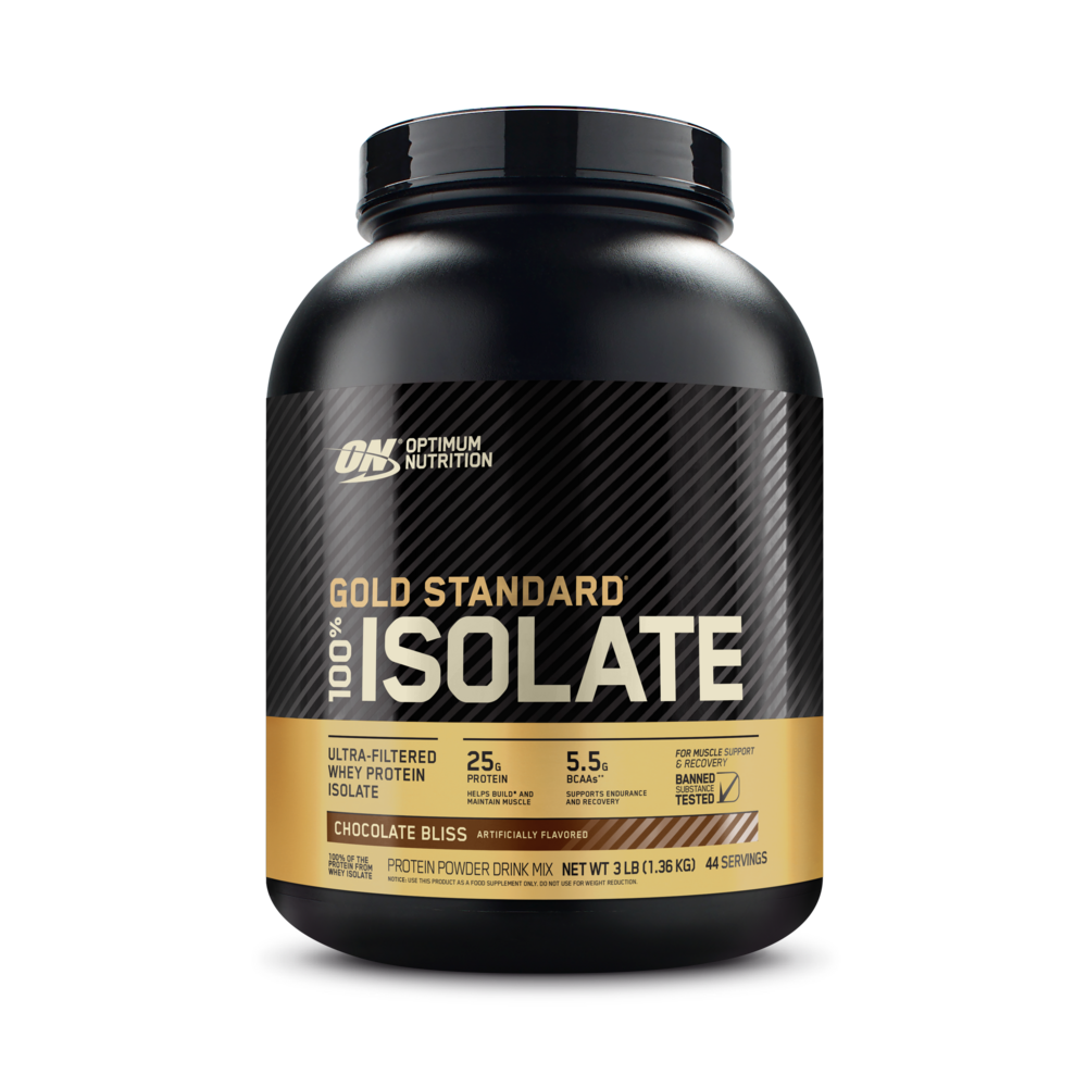 Optimum Nutrition Gold Standard 100% Isolate, 3 lb container, Chocolate Bliss flavor, whey protein isolate powder