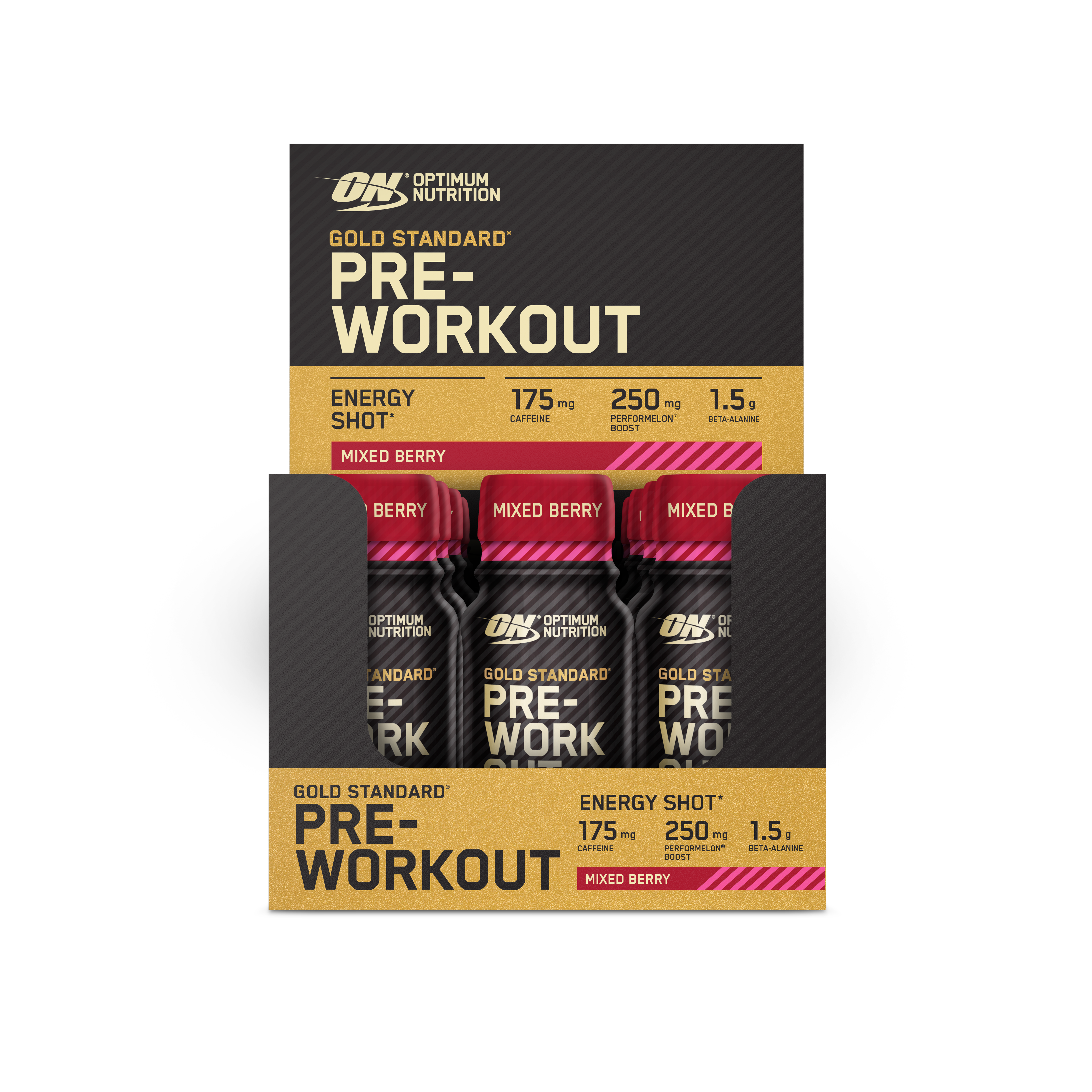 Optimum Nutrition Gold Standard Pre-Workout energy shots, mixed berry flavor, pack of 12 bottles