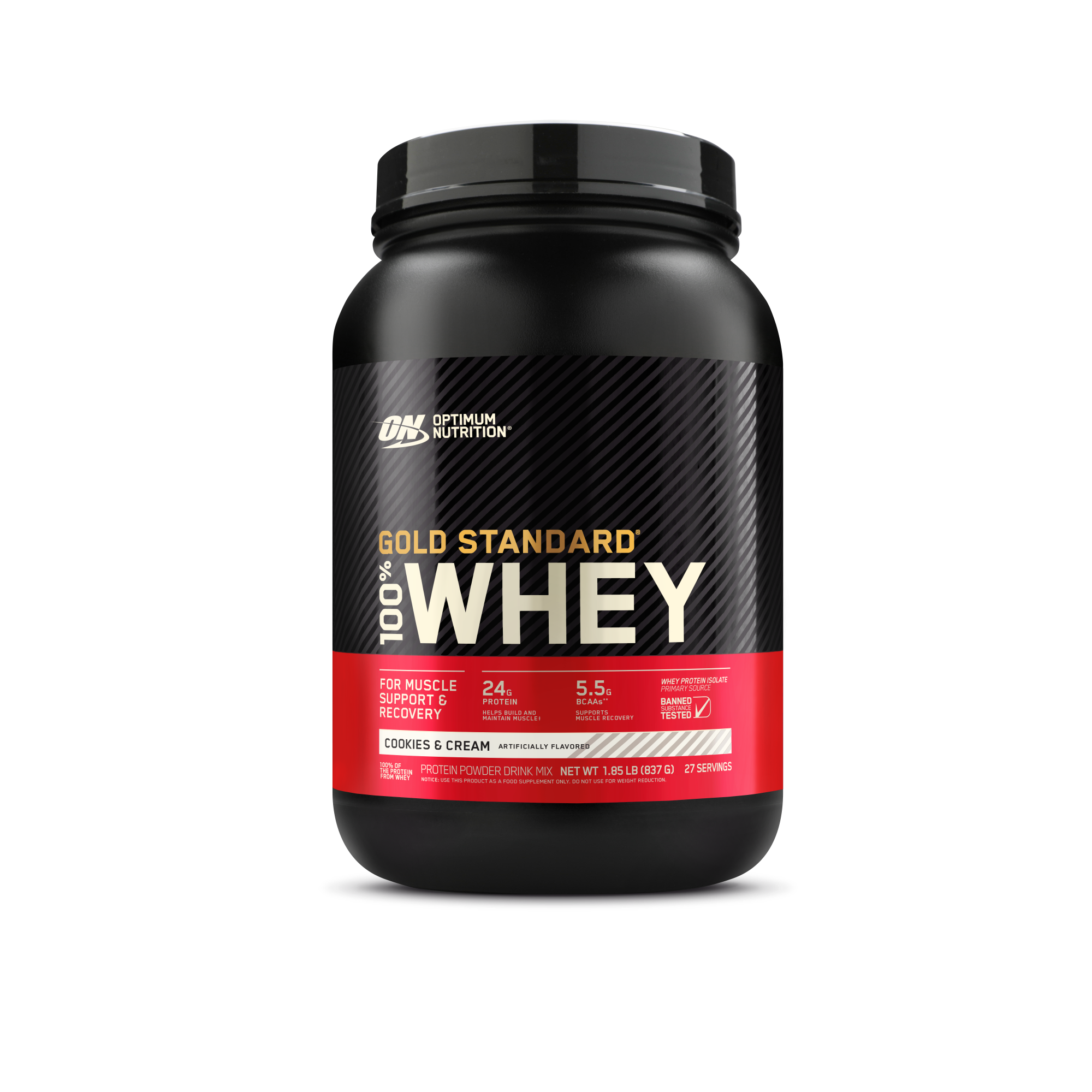 Optimum Nutrition Gold Standard 100% Whey Protein, 2 lb container, Cookies & Cream flavor, for muscle support and recovery