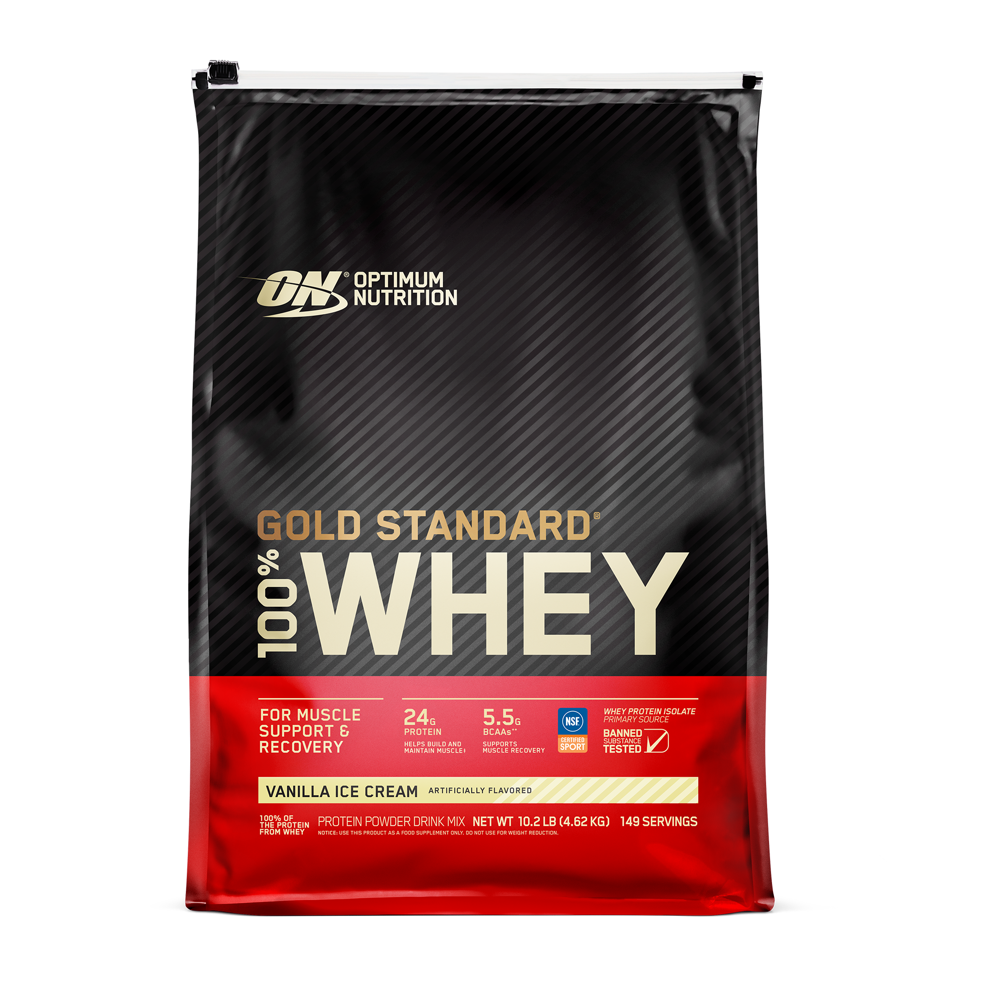 Optimum Nutrition Gold Standard 100% Whey Protein, 5 lb container, Vanilla Ice Cream flavor, for muscle support and recovery