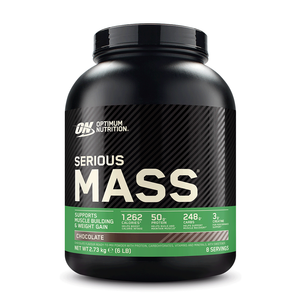 Optimum Nutrition Serious Mass, 2.73 kg container, chocolate flavor, supports muscle building and weight gain