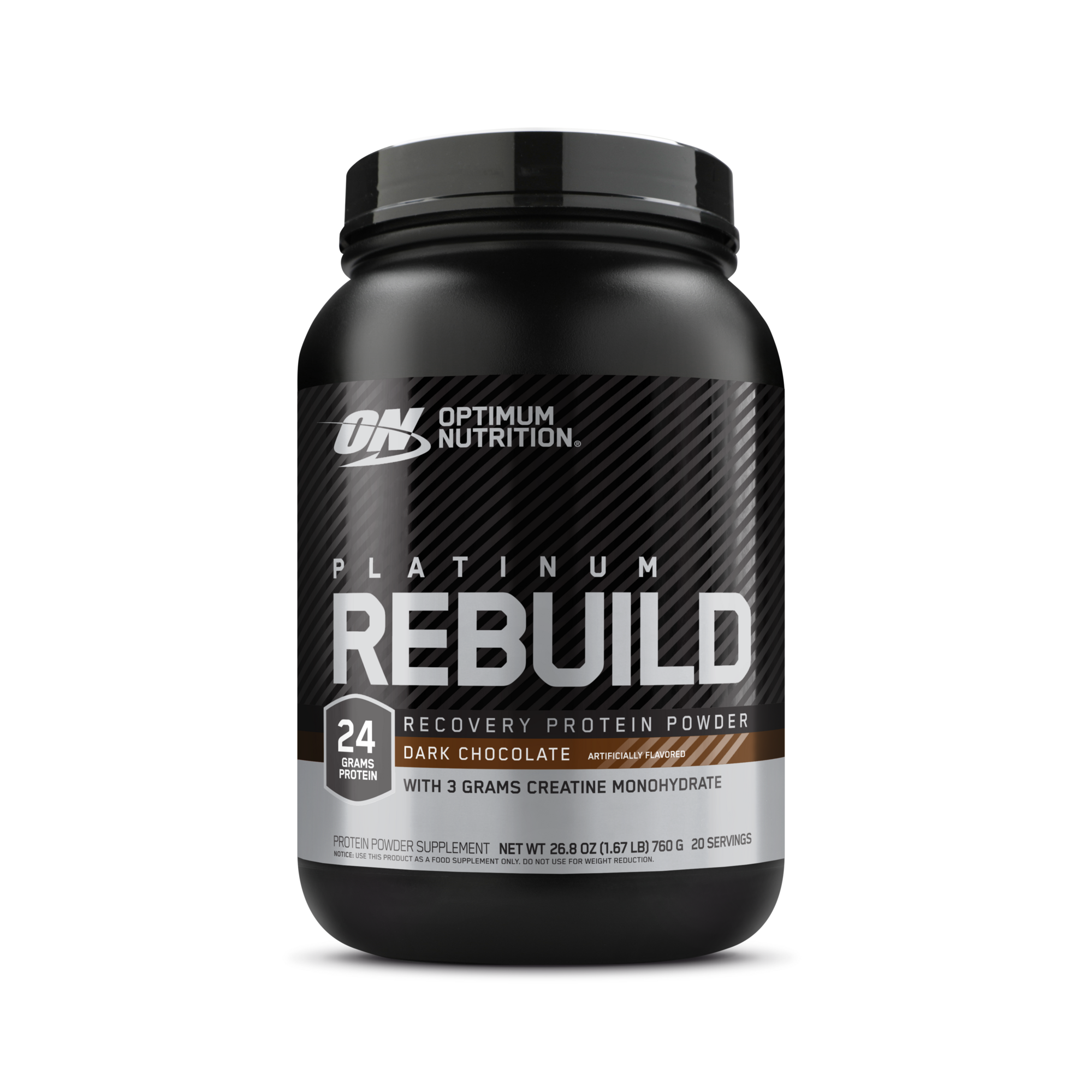 Optimum Nutrition Platinum Rebuild, 26.8 oz container, recovery protein powder with creatine monohydrate, dark chocolate flavor, 24g protein per serving