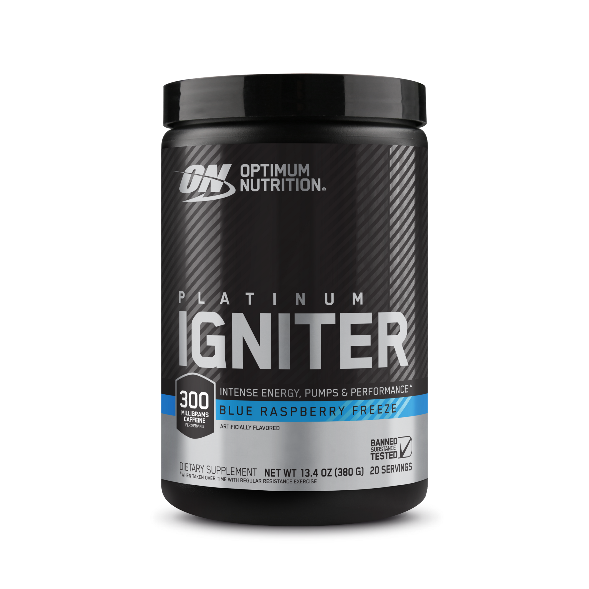 Optimum Nutrition Platinum Igniter, 380g container, Blue Raspberry Freeze flavor, pre-workout supplement