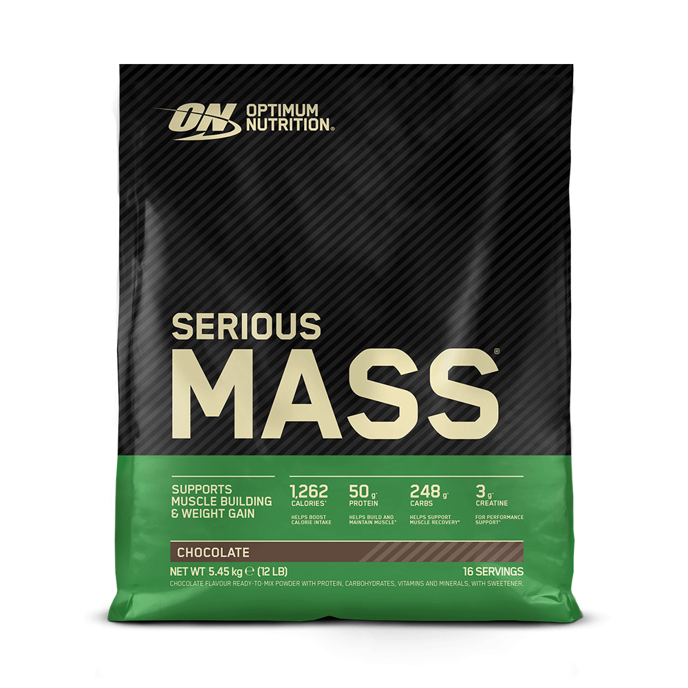 Optimum Nutrition Serious Mass, 5.45 kg bag, chocolate flavor, supports muscle building and weight gain